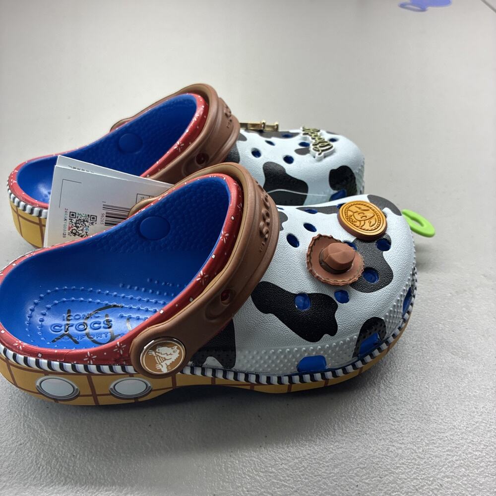 Crocs Toy Story Woody Kids Clog Cow Print Blue Brown Red Size 10c c10 New